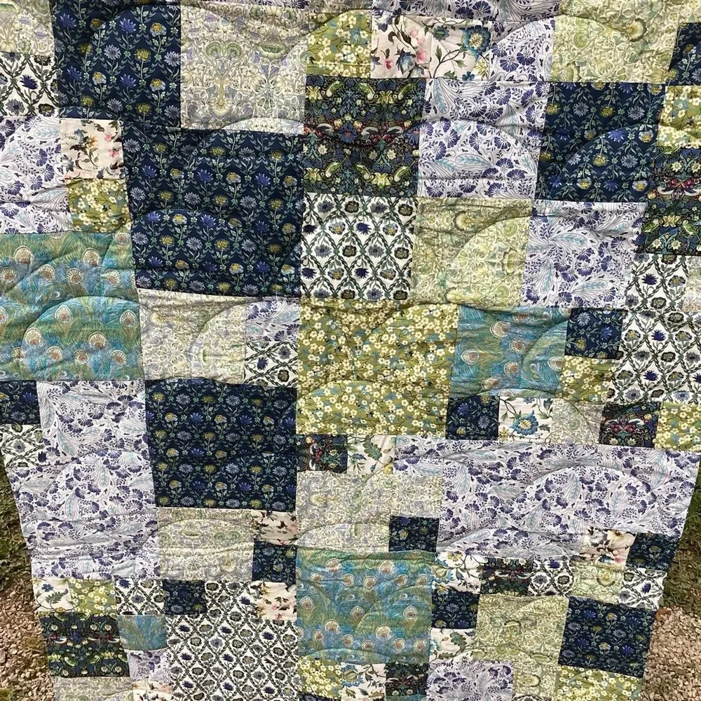 NWT. Hand Crafted Blues and Greens Gardens Quilt with Liberty Lawn Fabrics